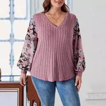 Женская весенне-осенняя повседневная удобная одежда с рукавами-фонариками и V-образным вырезом, свободная одежда для темперамента 5XL