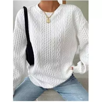 Женская весенне-осенняя повседневная удобная жаккардовая толстовка с круглым вырезом, однотонный пуловер с длинным рукавом 2XL белый