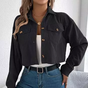 Женская весенне-осенняя повседневная вельветовая куртка-пальто с лацканами, длинными рукавами, однотонная, с карманом S чёрный