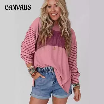 Женская весенне-осенняя рубашка-пуловер с круглым вырезом и длинными рукавами в полоску S серый