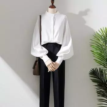 Женская весенне-осенняя рубашка с воротником-стойкой, свободная однотонная рубашка с длинными рукавами-фонариками, формальный деловой стиль, однобортный кардиган, женская блузка для поездок на работу XL хаки