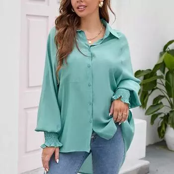 Женская весенне-осенняя шифоновая рубашка, однотонная плиссированная блузка с лацканами, свободный крой, топ-фонарь с длинными рукавами S хаки