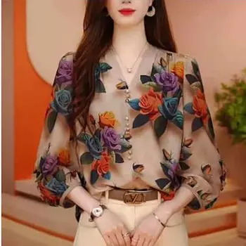 Женская весенне-осенняя тонкая футболка больших размеров с V-образным вырезом и семью рукавами, цветная свободная футболка, закрывающая живот 3XL