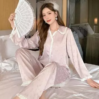 Женская весенне-осенняя тонкая удобная домашняя одежда из ледяного шелка с длинными рукавами, жаккардовая пижама, комплект, элегантная домашняя одежда M