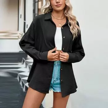 Женская весенне-осенняя женская повседневная рубашка на пуговицах с v-образным вырезом и длинными рукавами L чёрный