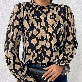 Женская весенняя элегантная рубашка с оборками и воротником-фонариком, блузка, топ S чёрный