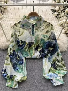 Женская весенняя эстетичная винтажная рубашка, новая тонкая французская одежда с перспективным принтом, свободные универсальные элегантные тонкие стильные топы One Size фиолетовый