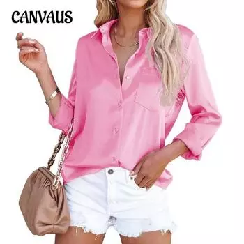 Женская весенняя атласная ацетатная однотонная рубашка с длинным рукавом в деловом стиле S чёрный