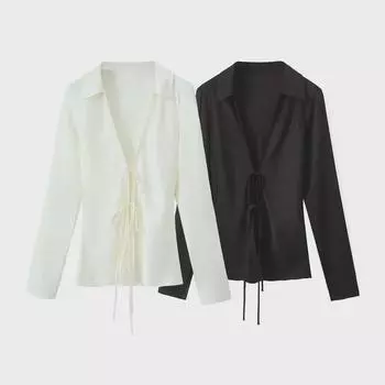 Женская весенняя атласная рубашка 2024 года с бантом, длинный рукав L чёрный