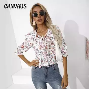 Женская весенняя блузка с V-образным вырезом и рукавом пять четвертей S чёрный