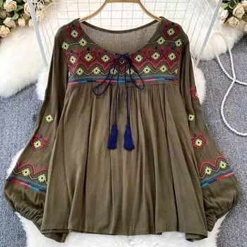 Женская весенняя блузка с вышивкой, винтажный этнический фонарь с длинными рукавами и круглым вырезом, свободная хлопковая льняная рубашка, повседневный топ D5082 One Size красный