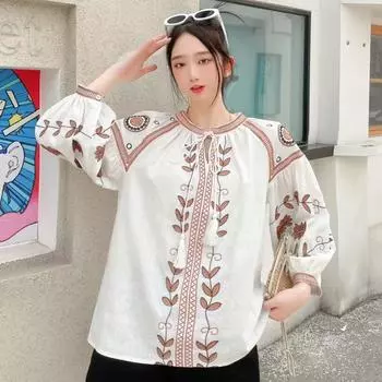Женская весенняя блузка в винтажном этническом стиле с длинным рукавом и круглым вырезом, свободная хлопковая рубашка с вышивкой из конопли, повседневная рубашка One Size бежевый
