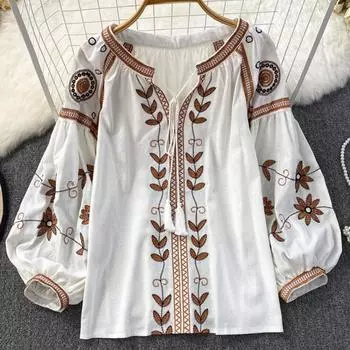 Женская весенняя блузка в винтажном этническом стиле с длинным рукавом и круглым вырезом, свободная рубашка-пуловер с вышивкой, повседневный топ, модный дизайн для вечеринки One Size хаки