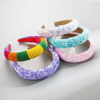 Женская весенняя цветная повязка на голову с широкими краями, элегантная модная красочная повязка на голову с губкой и кристаллами из рисовых шариков One Size белый