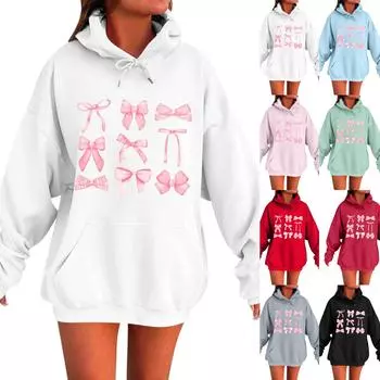 Женская весенняя флисовая толстовка с капюшоном и принтом в виде банта, с длинными рукавами L чёрный