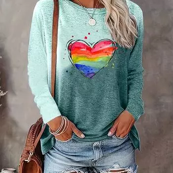 Женская весенняя футболка с длинными рукавами и 3D принтом в радужную полоску и сердце, повседневные топы с круглым вырезом в стиле Харадзюку, женская уличная одежда L