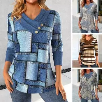 Женская весенняя футболка с косым V-образным вырезом и пуговицами, декор с цифровым принтом, контрастный цвет, с длинными рукавами, свободный пуловер, мягкая дышащая повседневная женская повседневная блузка M