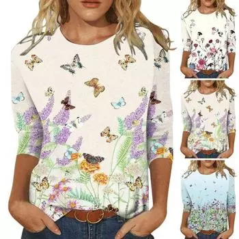 Женская весенняя футболка с круглым вырезом и винтажным цветочным принтом бабочки три четверти M розовый