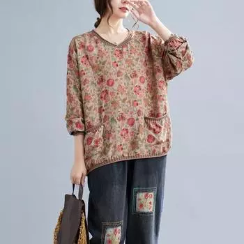 Женская весенняя футболка с принтом в стиле ретро из хлопка и льна с длинными рукавами, свободный пуловер с V-образным вырезом, женская One size