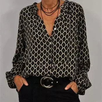 Женская весенняя футболка с V-образным вырезом и длинным рукавом, модная элегантная футболка с принтом S чёрный