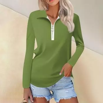 Женская весенняя и модная повседневная однотонная рубашка с принтом на молнии с V-образным вырезом и длинным рукавом L армия зеленый