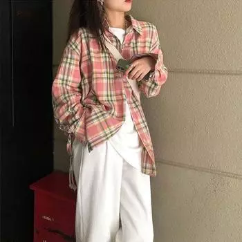 Женская весенняя клетчатая рубашка, японская свободная женская универсальная блузка с длинными рукавами, винтажный повседневный женский топ в корейском стиле S
