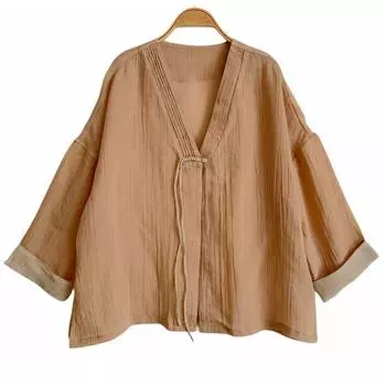 Женская весенняя контрастная футболка с пряжкой и кисточкой в китайском стиле, футболка с длинными рукавами Johnature