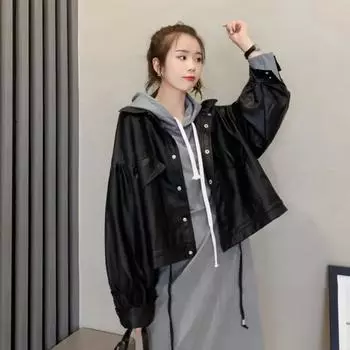 Женская весенняя куртка с длинными рукавами из однотонной полиуретановой ткани, свободная куртка с короткими лацканами XL чёрный