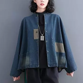 Женская весенняя куртка средней длины, женская куртка из стираного денима, винтажная куртка большого размера 4XL синий