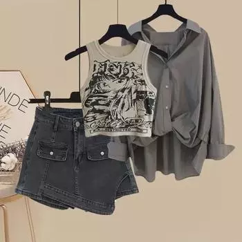 Женская весенняя мода 2024 года: Комплект из трех предметов в стиле Salted — рубашка с принтом, жилет и шорты 3XL [suggested 80-90 kg]