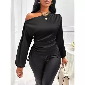 Женская весенняя мода, новый асимметричный диагональный воротник, длинный рукав, топ S чёрный