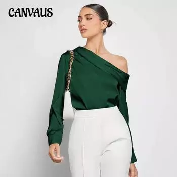 Женская весенняя мода, новый асимметричный топ с открытыми плечами и длинными рукавами XS зелёный