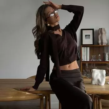 Женская весенняя мода повседневная персонализированная винтажная кардиган с пуговицами и длинным рукавом футболка S коричневый