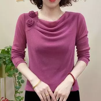 Женская весенняя мода с завязками и цветами, однотонный воротник-таблетка, длинный рукав, пуловер, рюши, яркий шелк, свободные футболки, верхние части XXXXXXL