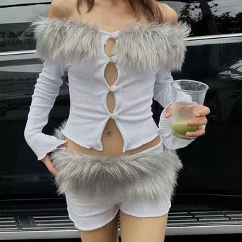 Женская весенняя мода темперамент сексуальный меховой сращивание одно плечо кардиган футболка S белый