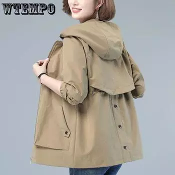 Женская весенняя модная элегантная куртка с капюшоном, осенняя женская новинка, свободный короткий топ на молнии, корейское пальто, женское M хаки