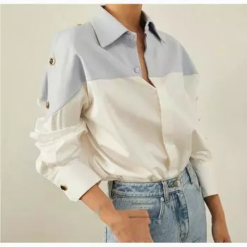 Женская весенняя модная рубашка с длинными рукавами и лацканами с цветными блоками XXL темно-синий