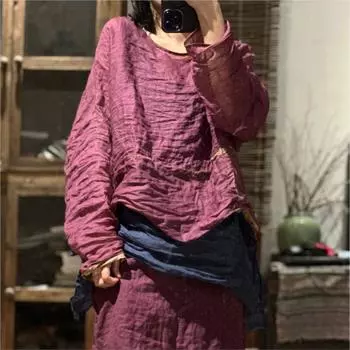 Женская весенняя модная винтажная футболка Johnature, однотонная свободная повседневная футболка с длинными рукавами и круглым вырезом One Size темно-красного