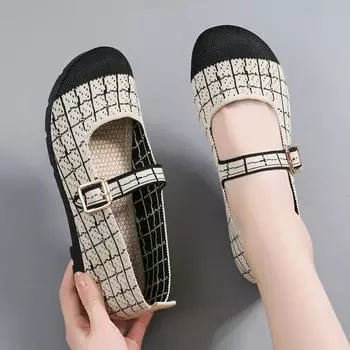 Женская весенняя новая этническая обувь с круглым носком и мягкой подошвой, удобная сетчатая дышащая трикотажная обувь, удобная рабочая обувь на плоской подошве 35 темно-коричневого