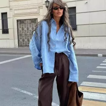 Женская весенняя новая модная однотонная рубашка с длинными рукавами и лацканами на пуговицах S темно-синий