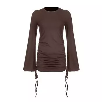 Женская весенняя новая однотонная футболка с длинными рукавами и круглым вырезом, длинное платье L коричневый