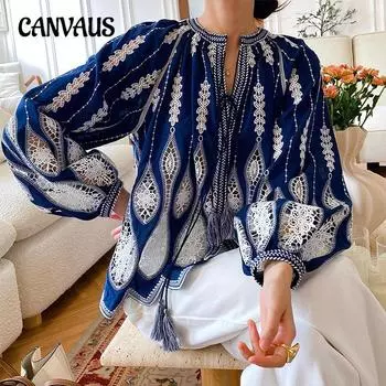 Женская весенняя новая вышитая блузка с длинными рукавами в праздничном стиле S сапфировый