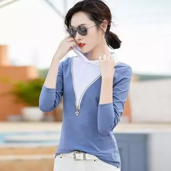 Женская весенняя новинка, футболка с длинными рукавами, на молнии, с капюшоном, имитация двухкомпонентной футболки из чистого хлопка в корейском стиле, облегающая рубашка-рубашка S