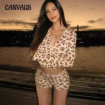 Женская весенняя новинка: кардиган с капюшоном, топ с леопардовым принтом, узкие шорты с высокой талией S цветной печати леопарда