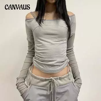 Женская весенняя новинка Spice Girls Style, однотонная футболка с одним вырезом, без бретелек, с завязками по бокам, с длинным рукавом, тонкая, функциональная футболка S серый