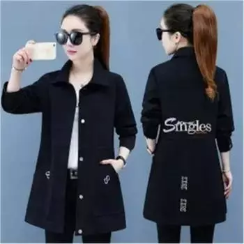 Женская весенняя облегающая джинсовая куртка с лацканами средней длины, повседневная куртка 5XL чёрный