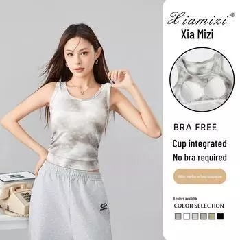 Женская весенняя облегающая трикотажная майка с принтом тай-дай и нагрудными накладками — сладкий и пикантный ретро-стиль