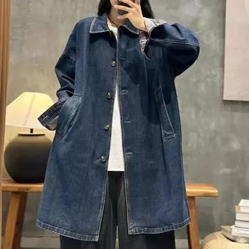 Женская весенняя одежда, джинсовое пальто, женская средняя длина, весна и осень, однобортная женская ветровка с карманами и длинными рукавами one size синий