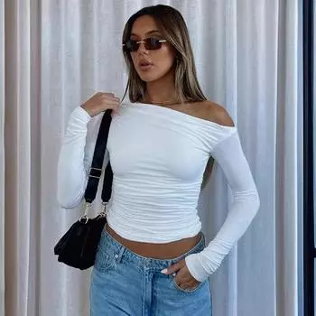 Женская весенняя однотонная футболка с открытыми плечами и длинными рукавами для женщин XS