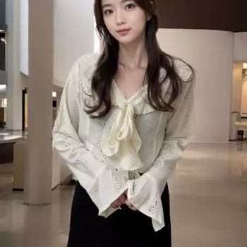 Женская весенняя однотонная рубашка с оборками и V-образным вырезом, темперамент, элегантные свободные топы с расклешенными рукавами 6XL чёрный